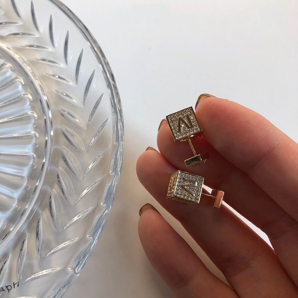 New 14K Gold Two way Earrings Dice Geometric Earrings Zircon Studs Gold Earrings - Picture 3 of 4